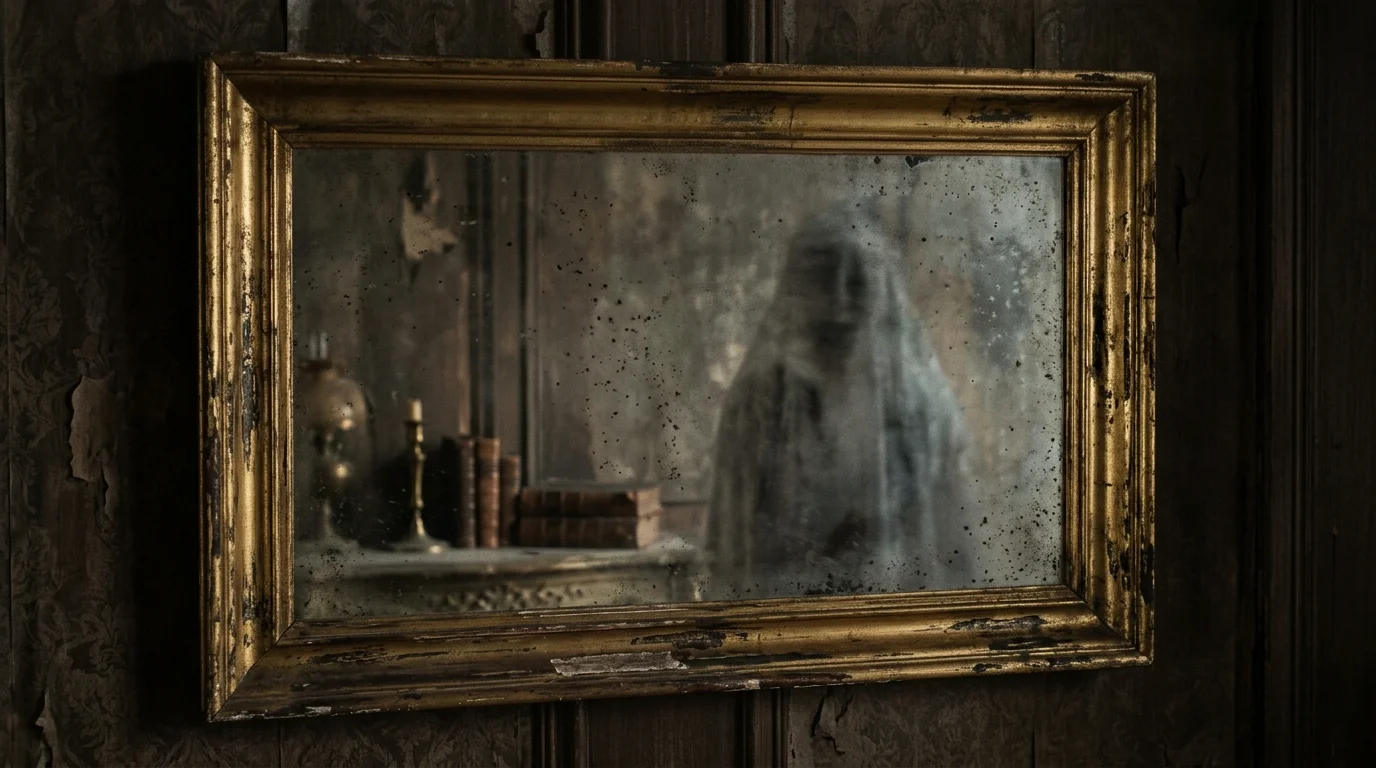 A distressed gold frame with a faux aged mirror effect creating a ghostly reflection illusion soft dim lighting mysterious haunted vibe no people