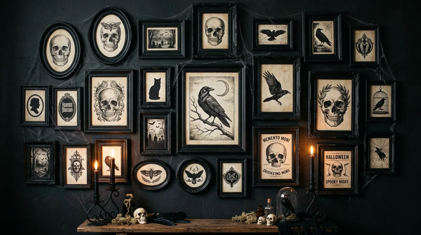 A collection of mismatched frames painted in matte black arranged in a gallery wall each containing spooky prints like skulls and ravens low lighting dramatic Halloween display no people