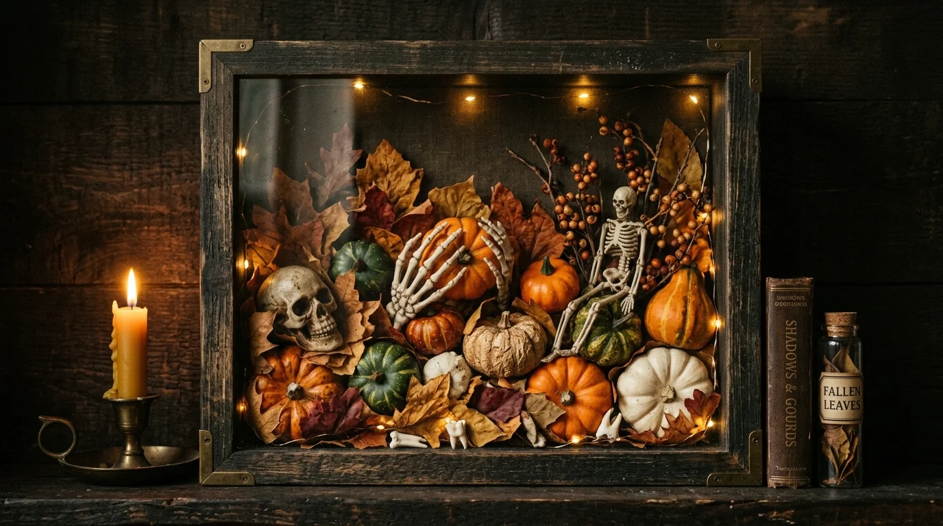 A frame repurposed as a shadow box filled with mini pumpkins dried leaves and skeleton accents warm dim lighting rustic spooky charm no people