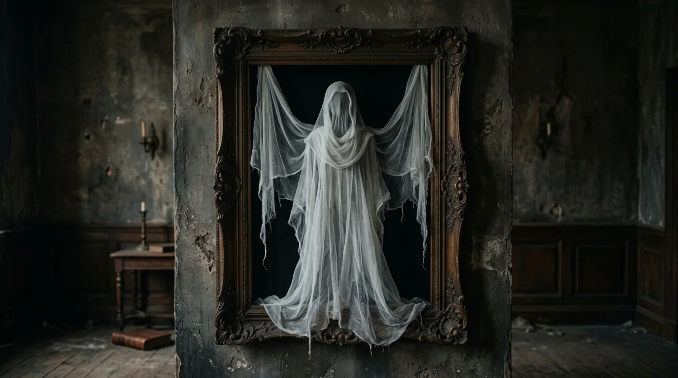 A large empty frame with hanging gauze fabric inside to resemble a ghost figure mounted on a wall soft eerie lighting haunting visual effect no people
