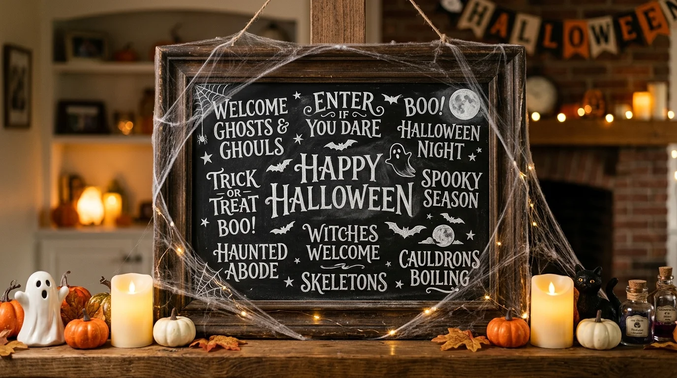 A frame turned into a chalkboard with handwritten spooky phrases surrounded by cobweb accents soft lighting creative Halloween decor no people