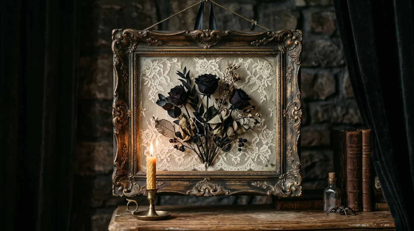 A vintage frame with a lace backing displaying dried black roses and dark foliage soft dim lighting gothic elegant Halloween style no people