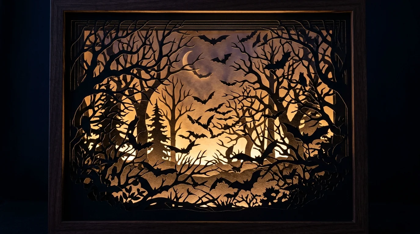 A frame filled with layered paper silhouettes of trees and bats creating depth with backlighting glowing softly at night spooky artistic effect no people