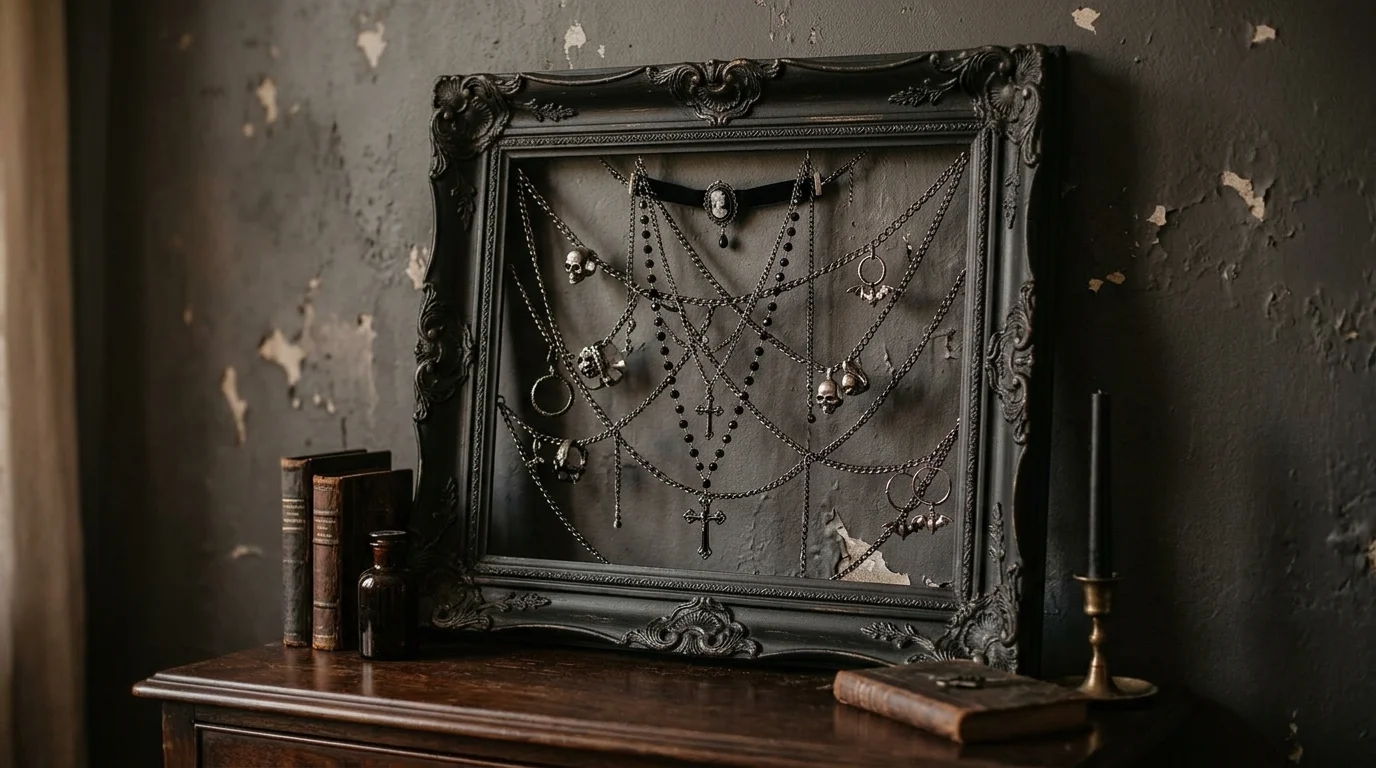 A repurposed frame used as a jewelry holder with dark chains and accessories styled like a gothic display soft lighting eerie chic decor no people