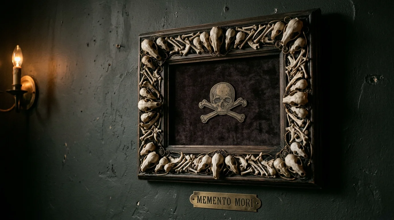 A frame decorated with small skulls and bones attached around the border mounted on a wall dim lighting bold spooky statement no people