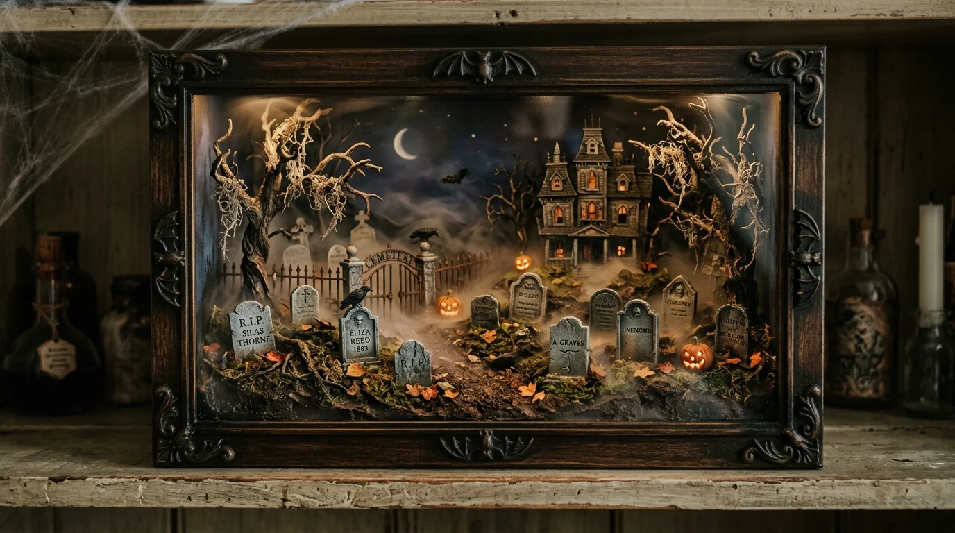 A shadow box frame filled with miniature Halloween scene including tombstones and fog effect soft lighting detailed haunted display no people