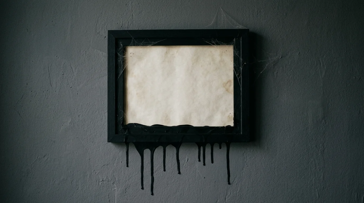 A simple black frame with dripping paint effect and subtle spiderweb details mounted on a wall soft moody lighting minimalist spooky aesthetic no people