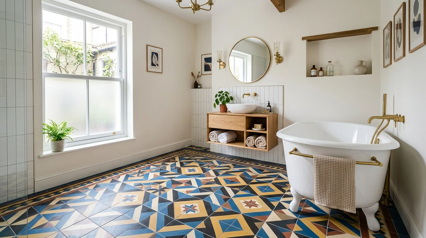 A bathroom with patterned encaustic tiles in bold geometric shapes creating a statement floor bright lighting artistic stylish look no people