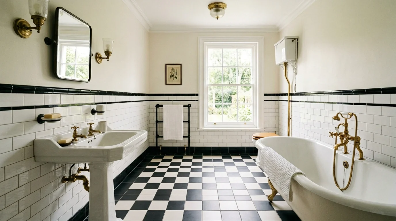 A bathroom with classic black and white checkerboard tiles paired with vintage fixtures bright lighting timeless durable design no people
