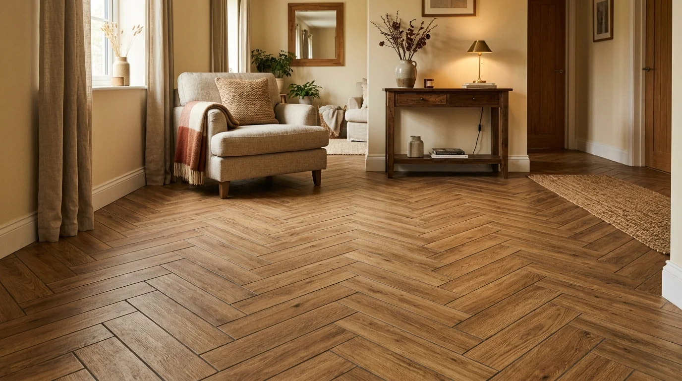 A floor with wood look porcelain tiles arranged in a herringbone pattern warm tones soft lighting cozy yet durable aesthetic no people