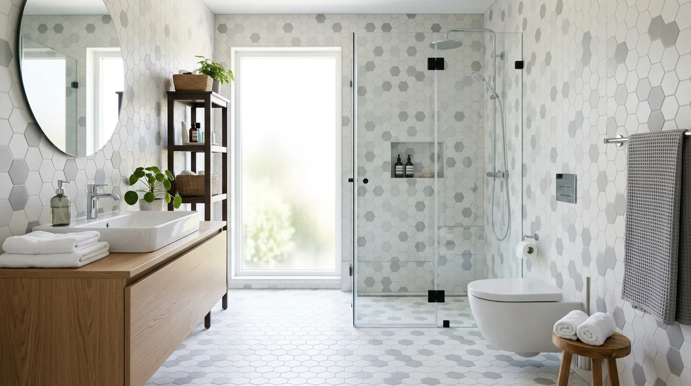 A bathroom with hexagon tiles in white and gray creating subtle texture bright natural light modern clean design no people