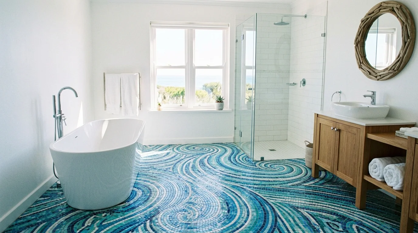 A bathroom with mosaic tiles in shades of blue creating a water inspired floor bright lighting fresh coastal feel no people