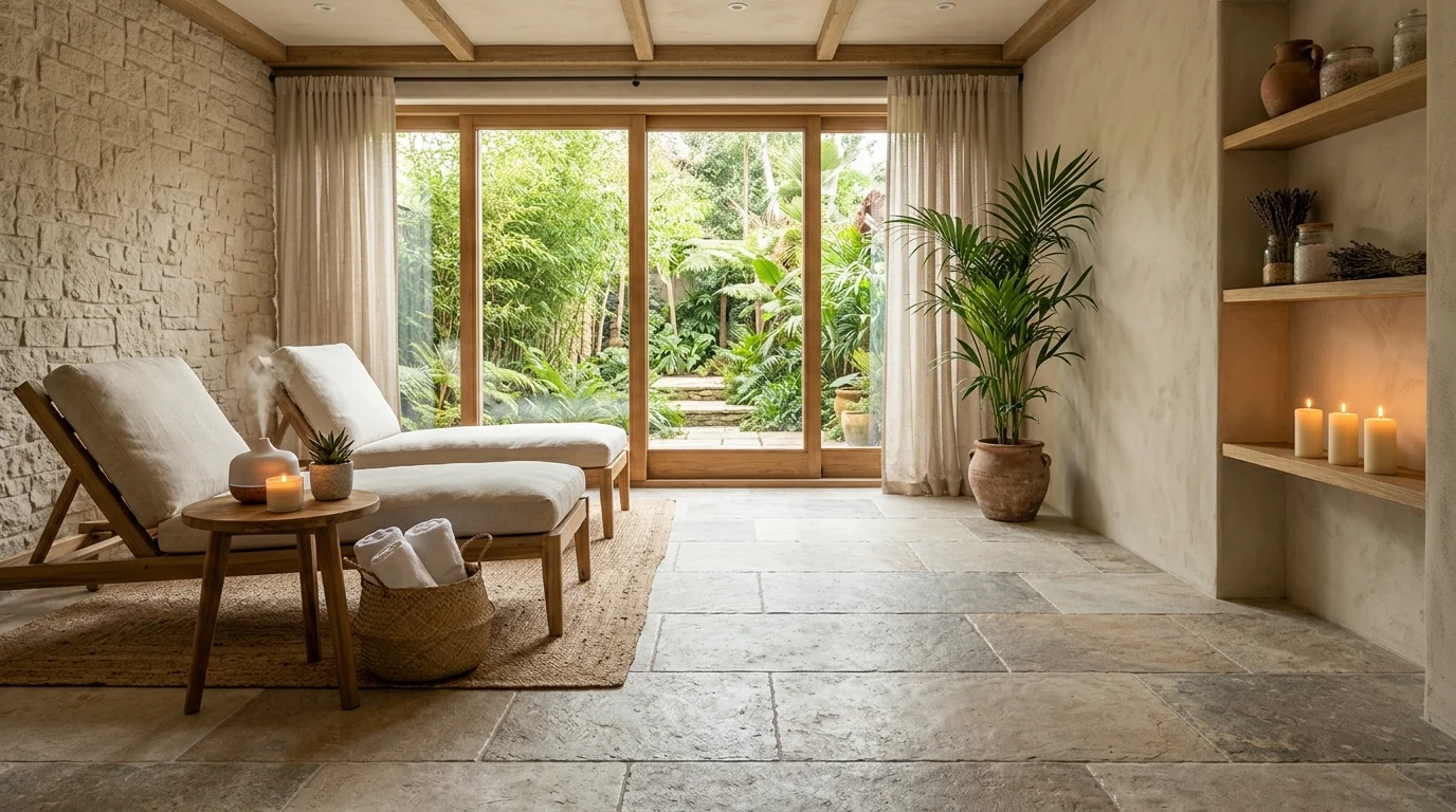 A floor with stone effect tiles in neutral tones paired with natural decor soft lighting earthy spa like atmosphere no people