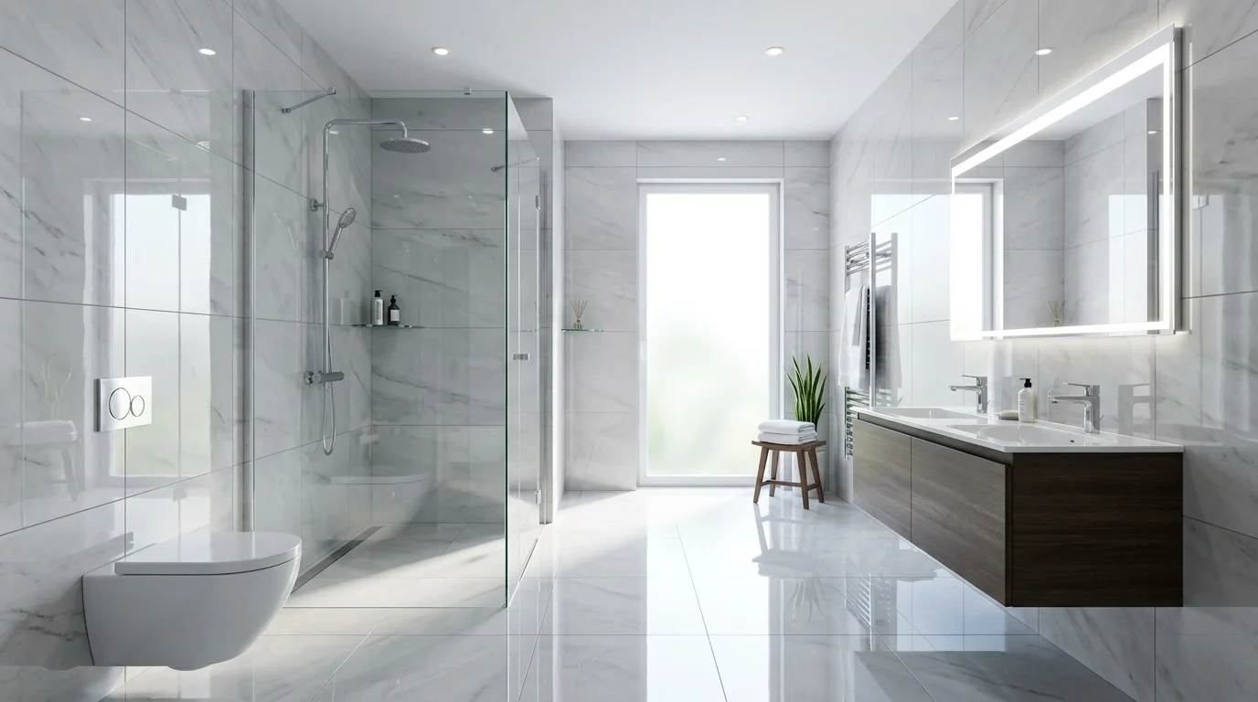 A bathroom with large glossy tiles reflecting light making the space feel bigger bright lighting sleek modern design no people