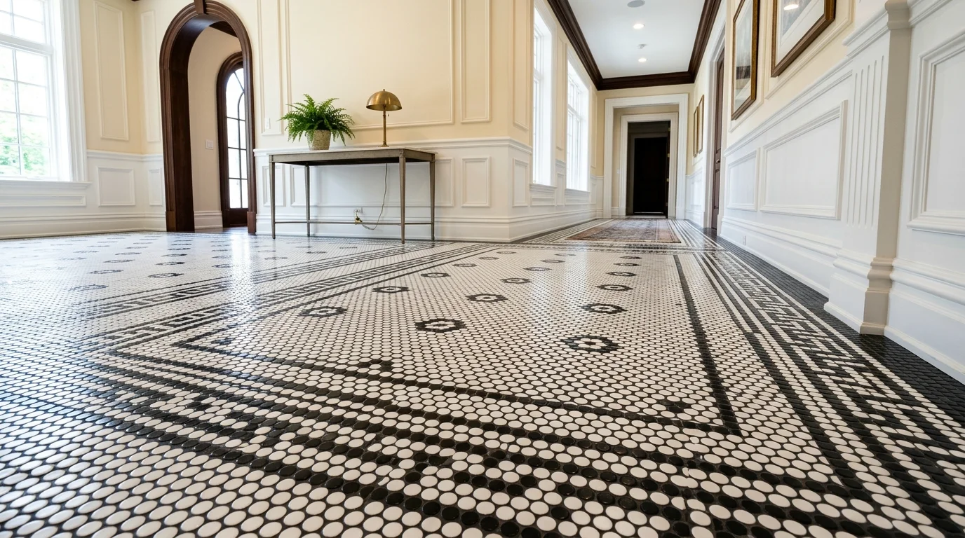 A floor with small penny tiles in white and black arranged in patterns bright lighting classic detailed style no people