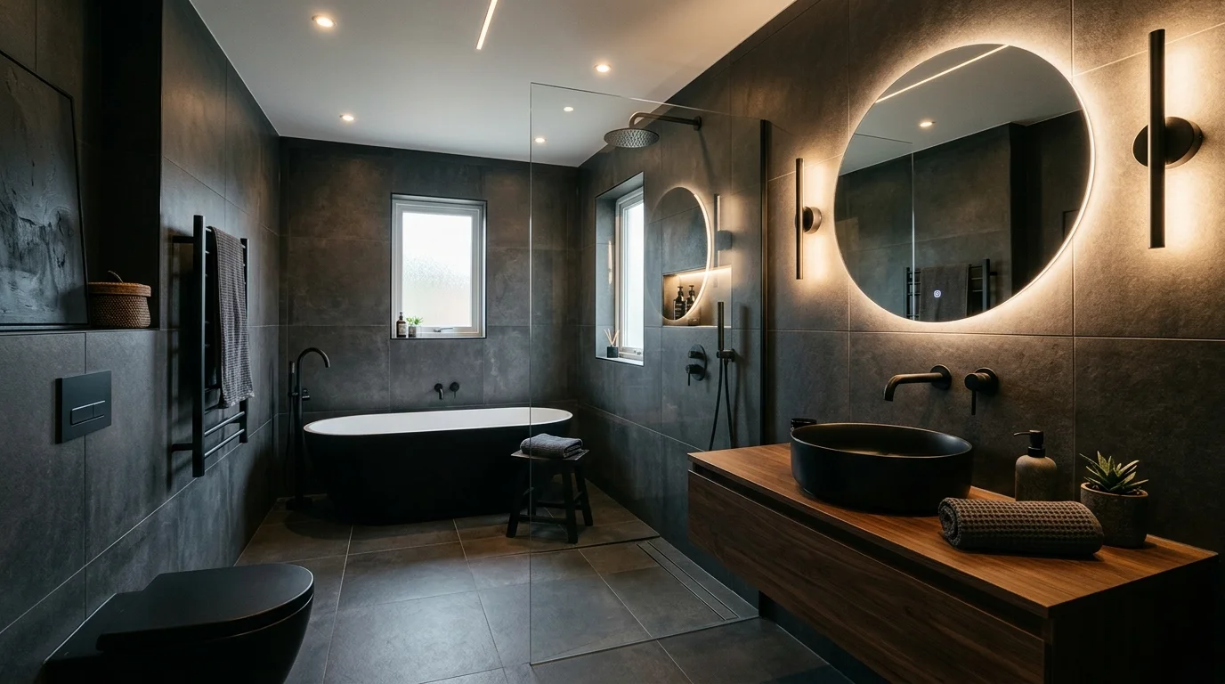 A bathroom with matte finish tiles in dark tones creating a bold contemporary look soft ambient lighting sophisticated design no people