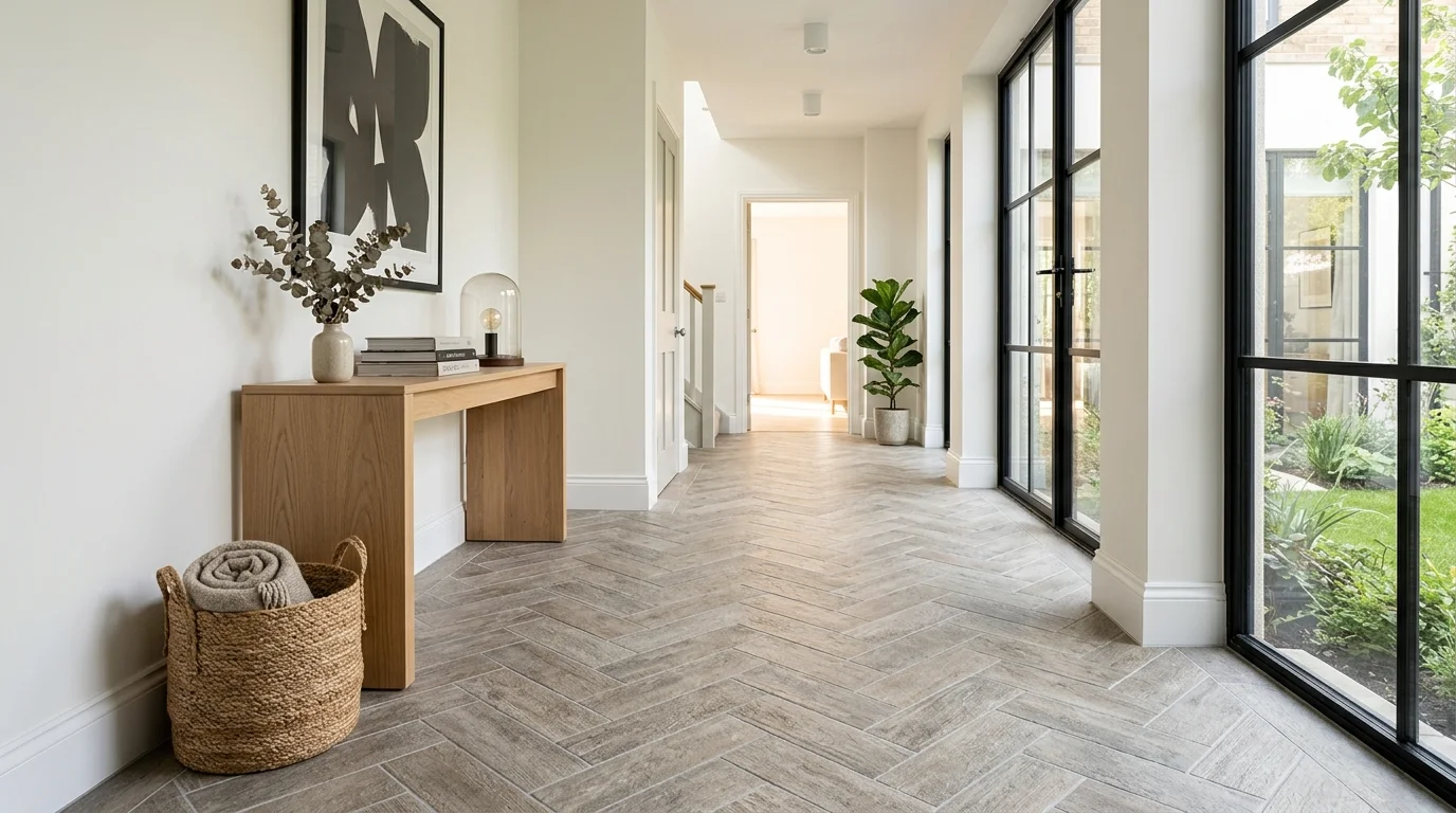 A floor with textured tiles providing grip and visual interest paired with simple decor bright lighting practical stylish choice no people