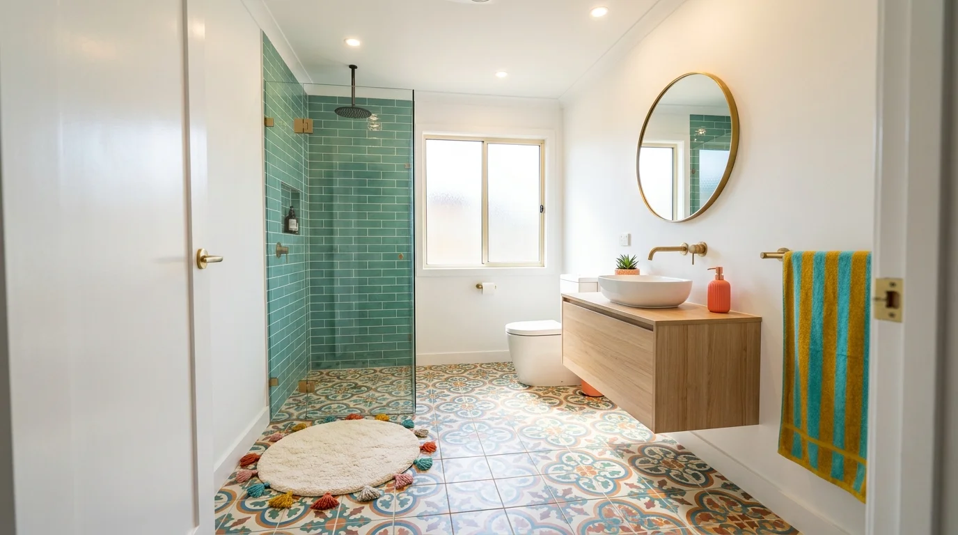 A bathroom with colorful patterned tiles adding personality to the floor bright lighting vibrant playful design no people