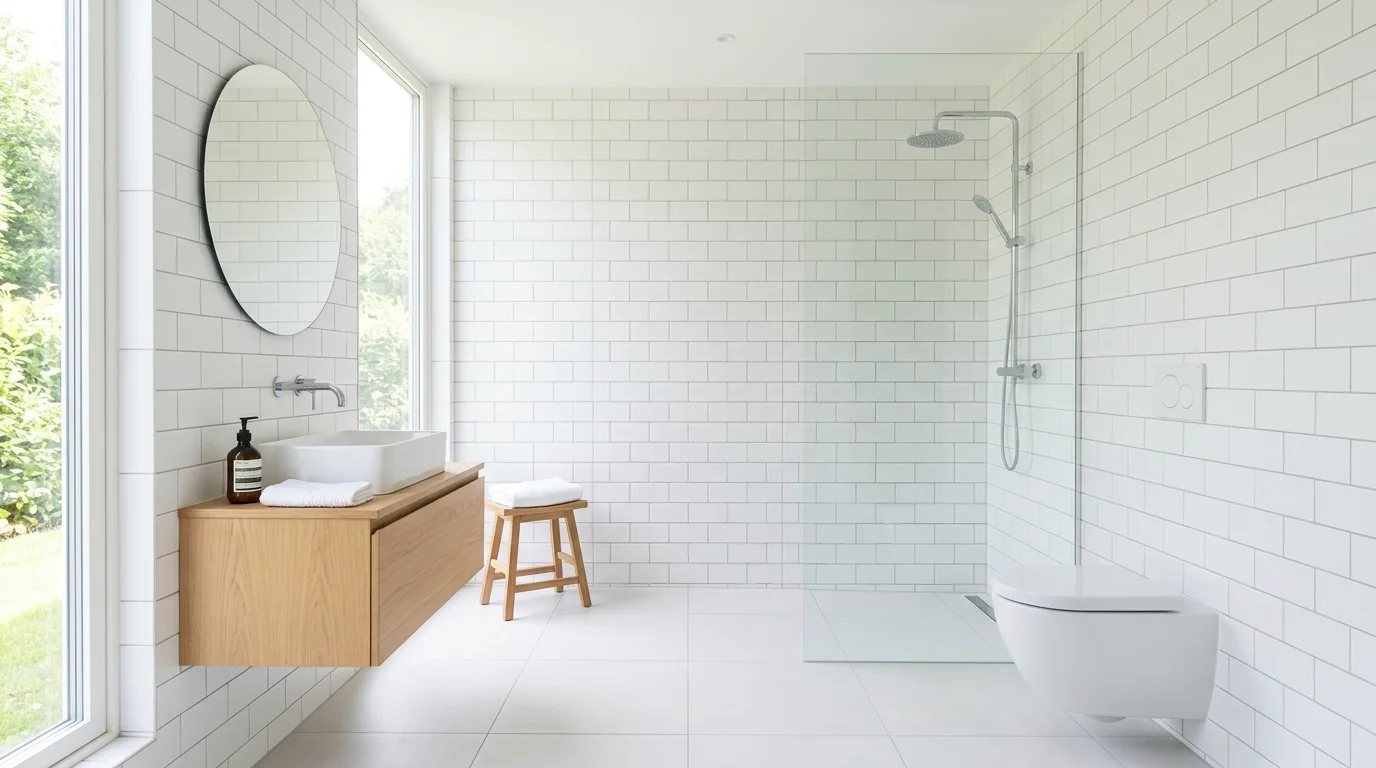 A minimalist bathroom with plain white tiles arranged neatly bright natural daylight clean simple durability no people