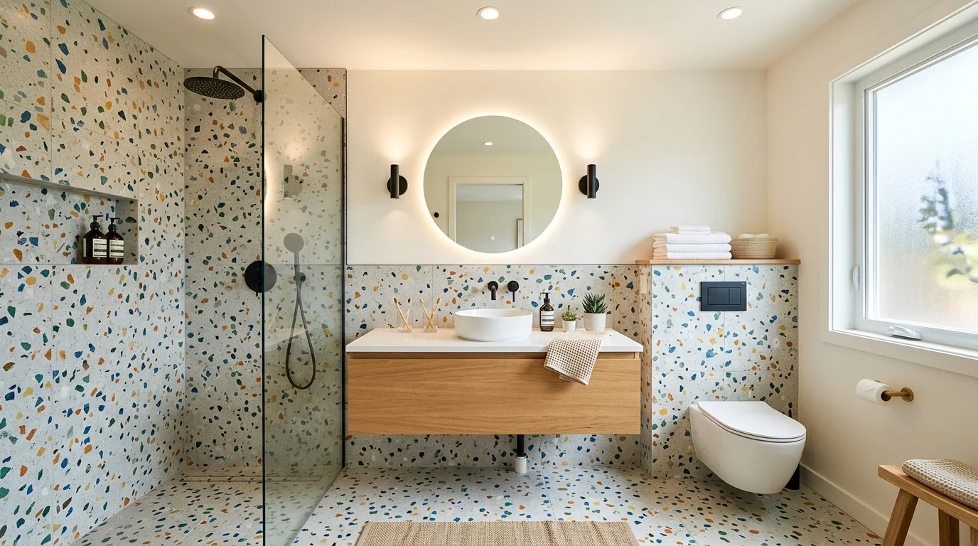A bathroom with terrazzo tiles featuring mixed color speckles bright lighting modern trendy aesthetic no people