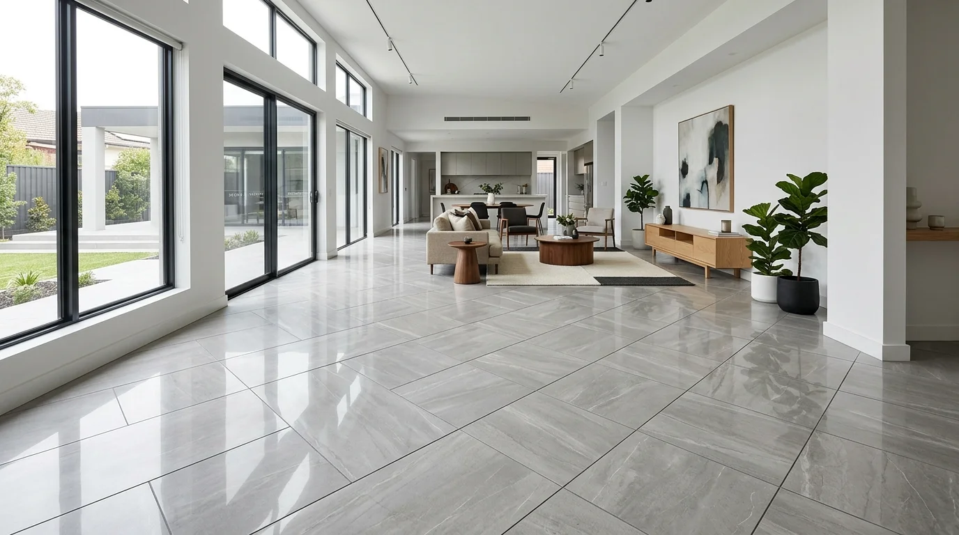 A floor with large rectangular tiles arranged diagonally creating a dynamic layout bright lighting stylish contemporary finish no people