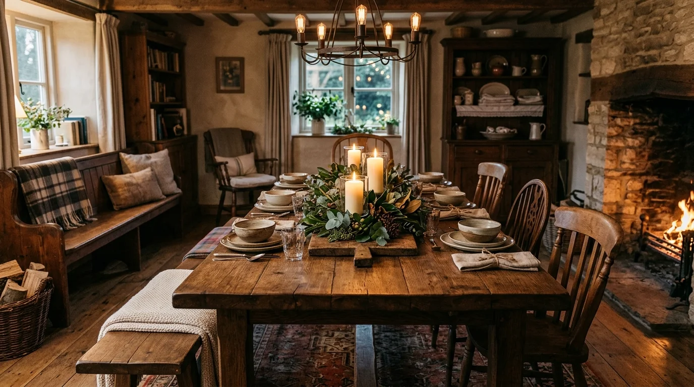 A rustic farmhouse dining table with a thick wooden top bench seating and a centerpiece of candles and greenery warm soft lighting cozy inviting atmosphere no people