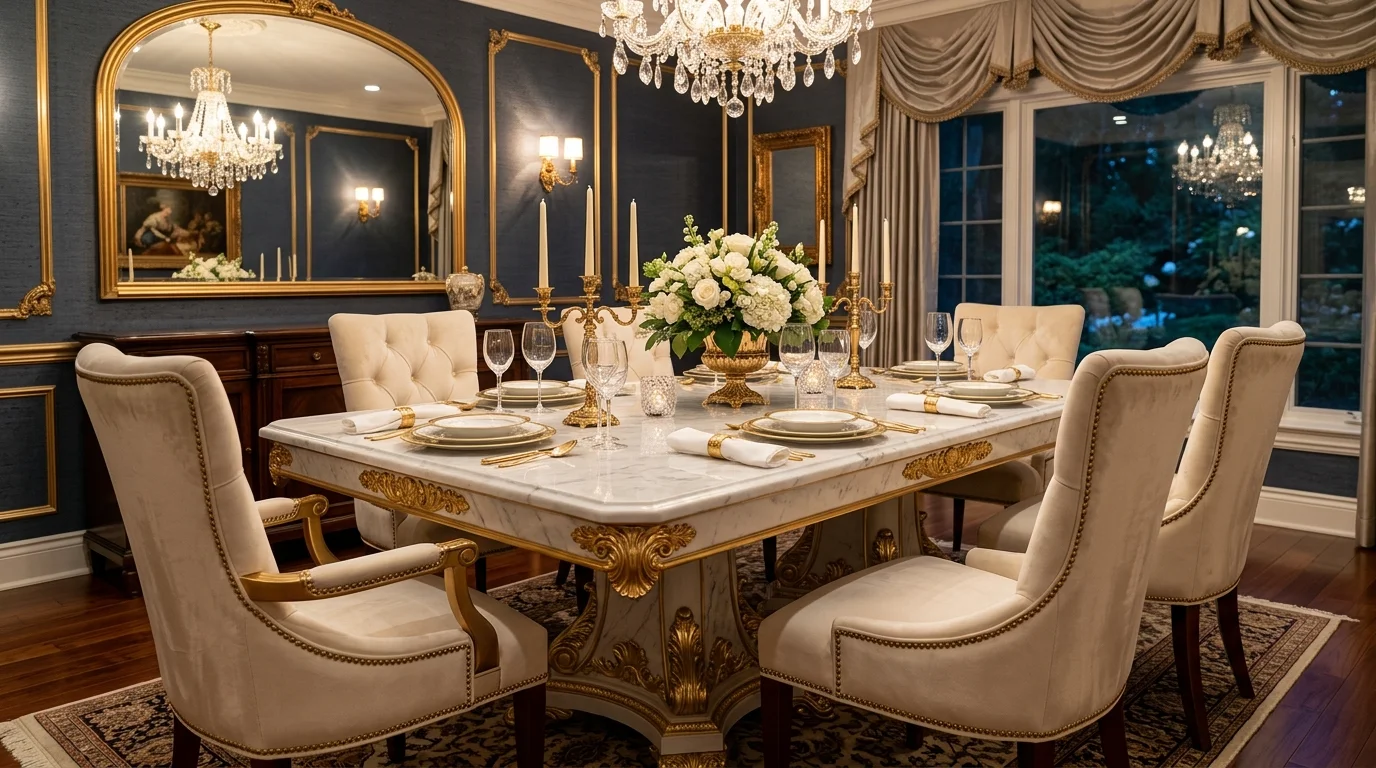 A luxurious dining table with a marble top gold accents and upholstered chairs soft ambient lighting sophisticated high end design no people