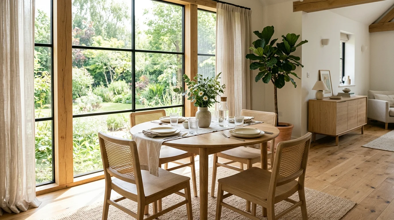 A round dining table with light wood finish and neutral chairs placed near a window bright natural light airy relaxed dining space no people