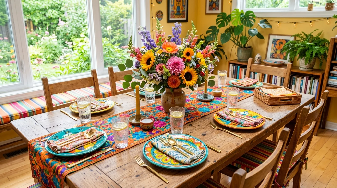 A dining table styled with a colorful runner vibrant plates and a floral centerpiece bright lighting cheerful lively decor no people
