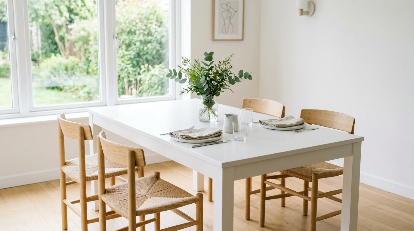 A minimalist dining setup with a white table simple chairs and a small greenery centerpiece bright natural light clean uncluttered look no people