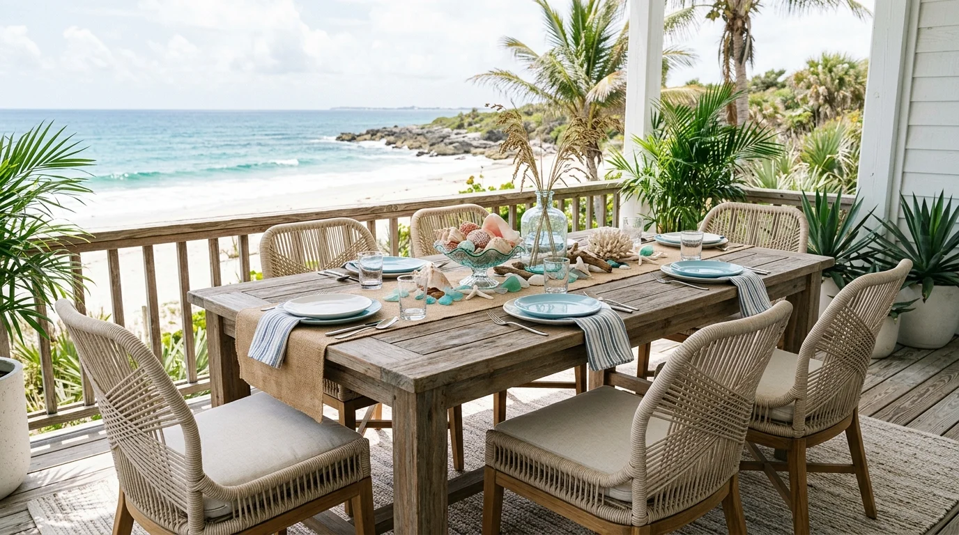 A coastal dining table with light tones woven chairs and a centerpiece of shells and glass decor bright natural lighting breezy beach style no people