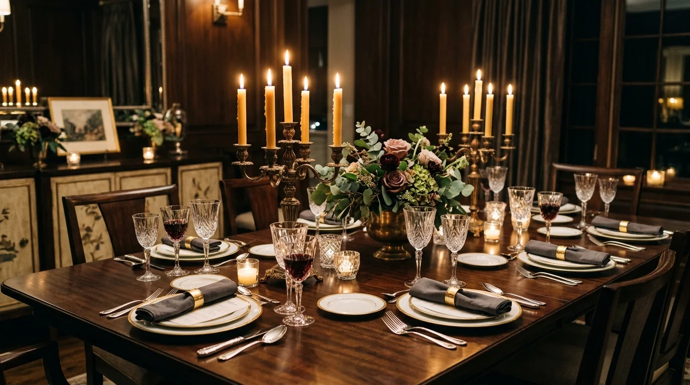 A dark wood dining table with elegant tableware crystal glasses and candles warm lighting formal refined dining ambiance no people