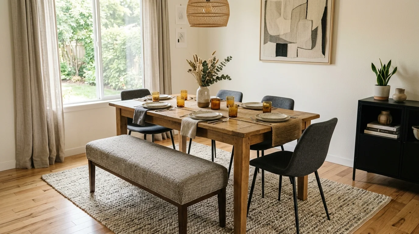 A dining table with mixed seating including chairs and a bench paired with a textured rug soft lighting casual modern look no people