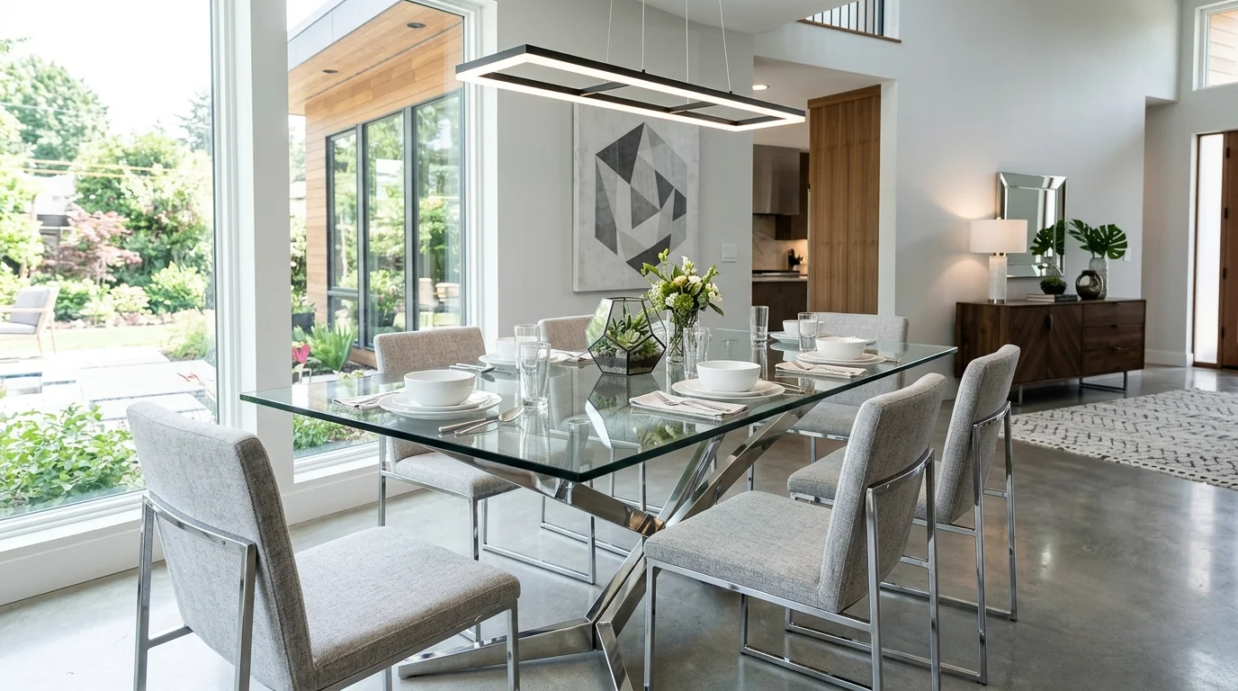 A glass top dining table with metal legs and modern chairs bright lighting sleek contemporary design no people