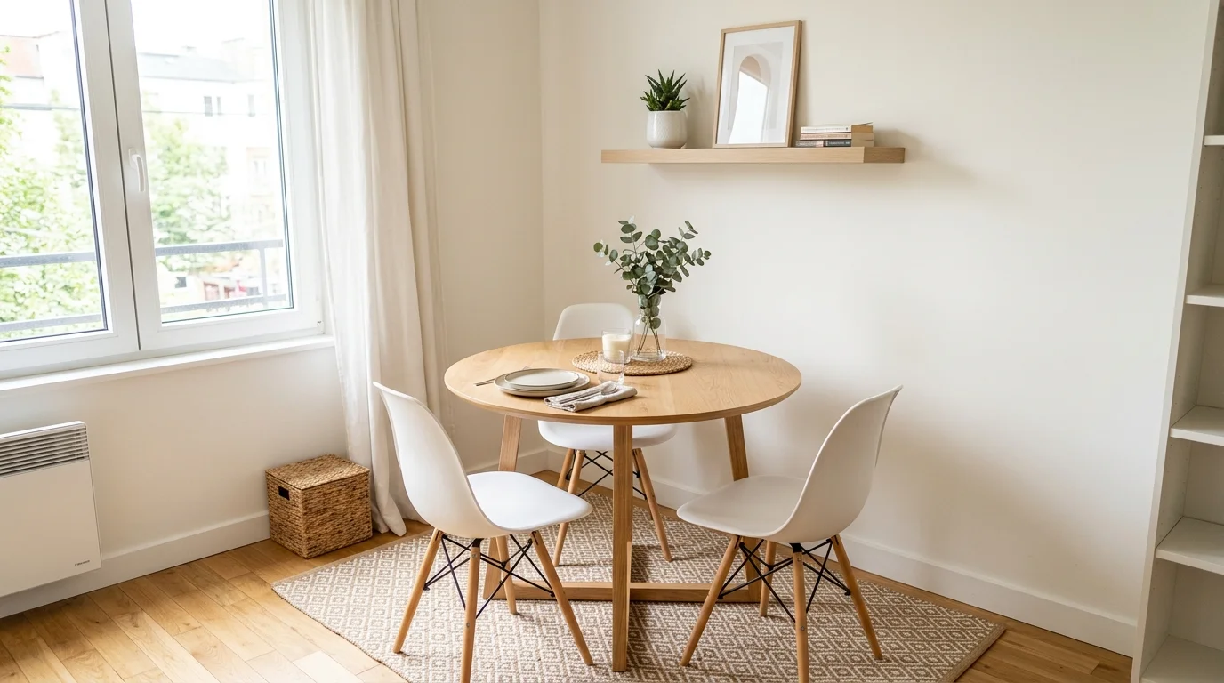 A small dining table in a compact space with space saving chairs and minimal decor bright lighting efficient stylish layout no people