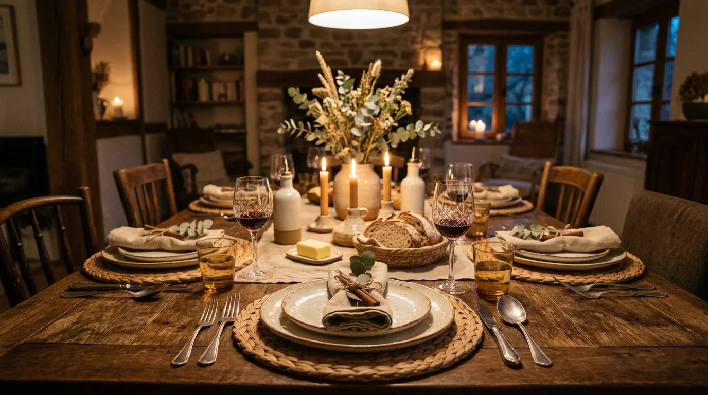 A dining table styled with layered textures including linen napkins woven placemats and ceramic plates soft lighting cozy inviting setting no people