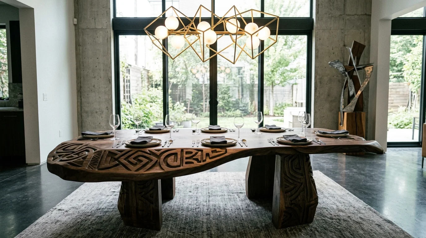 A statement dining table with bold design features like carved wood or unique shape bright lighting artistic focal point no people