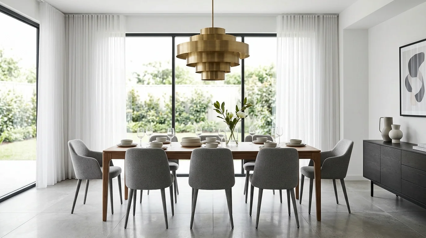 A dining table placed under a statement light fixture with simple decor bright lighting modern elegant dining space no people