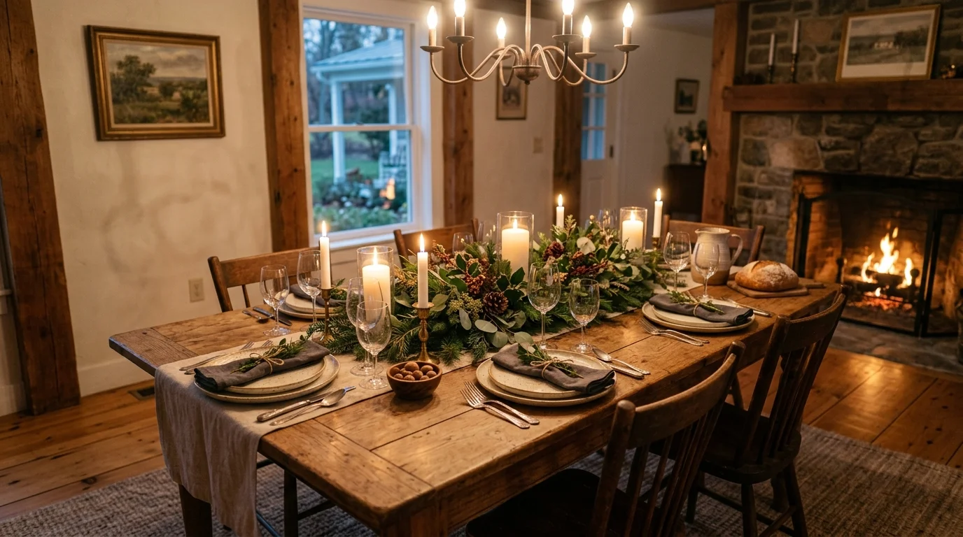 A farmhouse dining table with a seasonal centerpiece of greenery and candles warm lighting welcoming comfortable environment no people