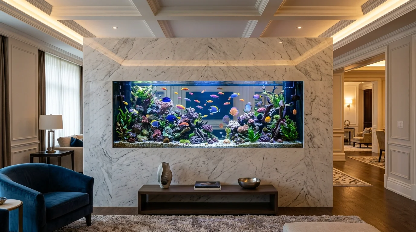 A built-in aquarium integrated into a marble partition wall, colorful fish swimming among rocks and greenery, luxurious interior design, warm indirect lighting, polished textures, eye-level angle, no people