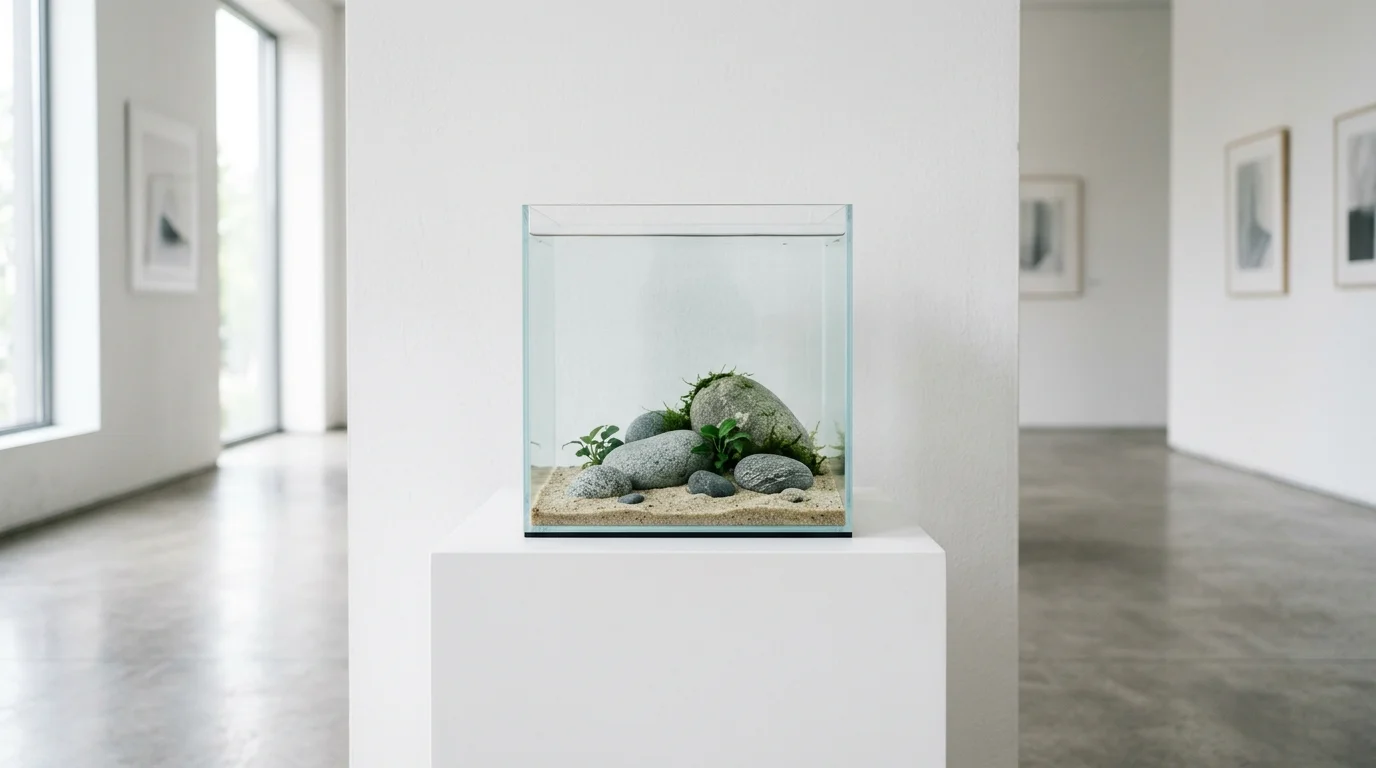 A minimalist cube aquarium placed on a clean white pedestal, sparse aquascape with sand and a few stones, subtle greenery, bright diffused daylight, gallery-like atmosphere, centered composition, no people