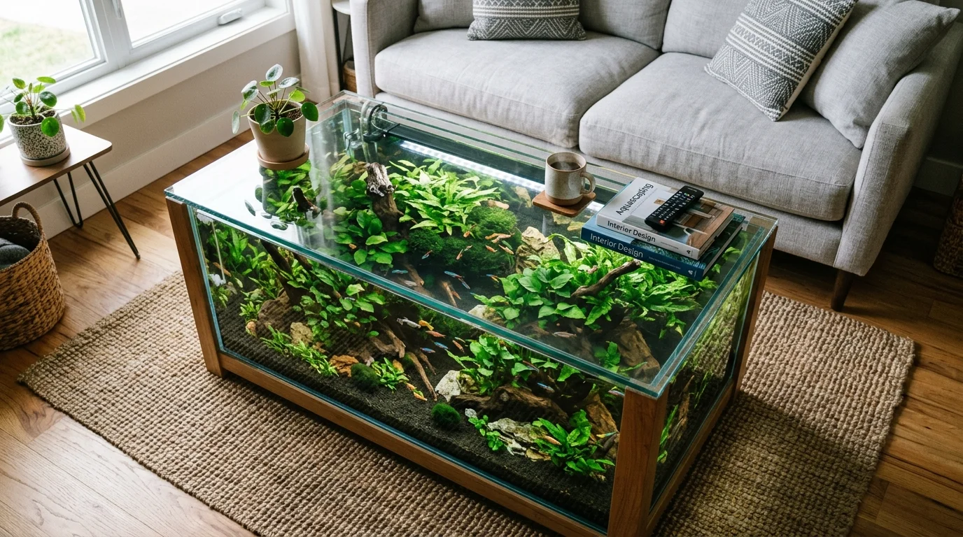 A coffee table aquarium with transparent glass top, aquatic plants and small fish visible beneath, contemporary living room decor, soft natural lighting, top-down angled shot, no people