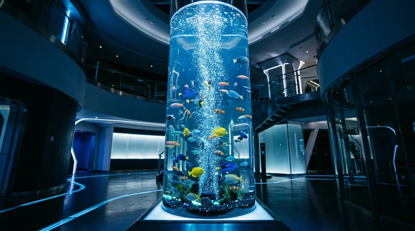 A vertical column aquarium with cylindrical glass, bubbles rising through water, colorful fish circling, futuristic interior setting, cool blue lighting, low-angle perspective, no people