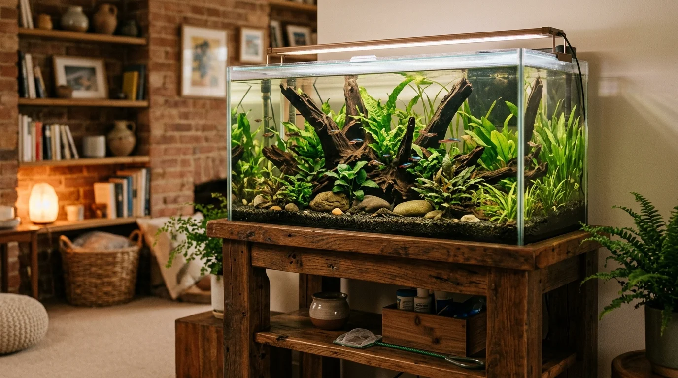 A rustic indoor aquarium setup with a wooden stand, natural stones, driftwood, green aquatic plants, earthy tones, warm lighting, cozy home setting, slightly angled shot, no people