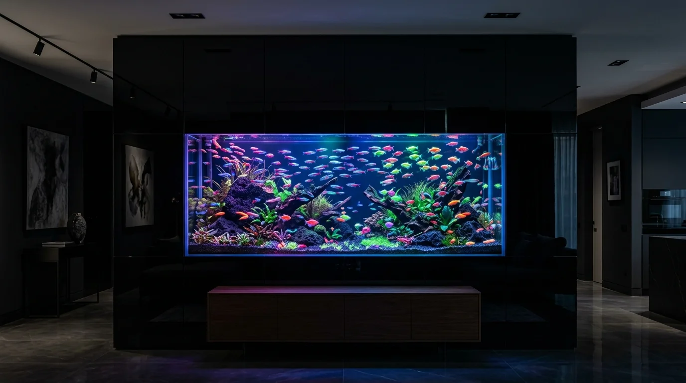 A luxury designer aquarium embedded in a black glossy wall, neon-lit fish, high contrast lighting, sleek modern decor, dramatic ambiance, front-facing composition, no people