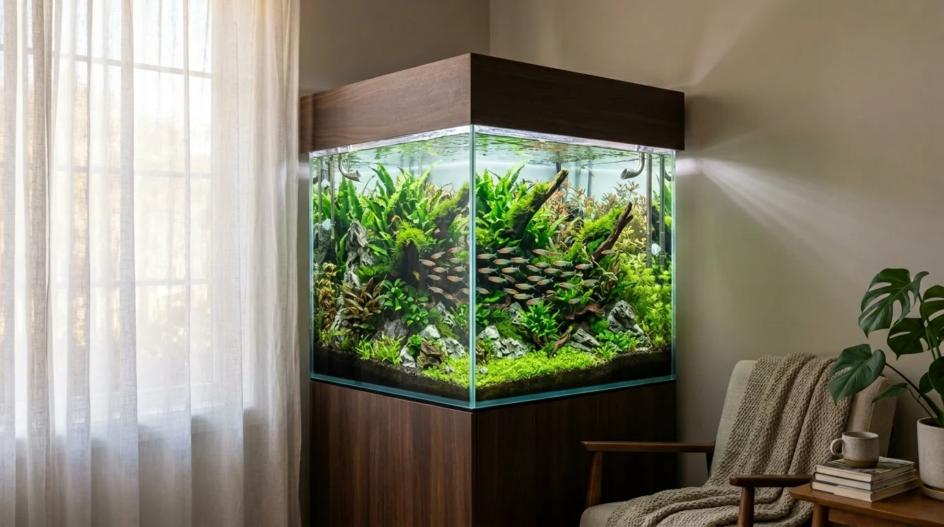 A corner aquarium with triangular glass design, lush planted aquascape, small schooling fish, soft daylight filtering through curtains, calm serene mood, angled wide shot, no people