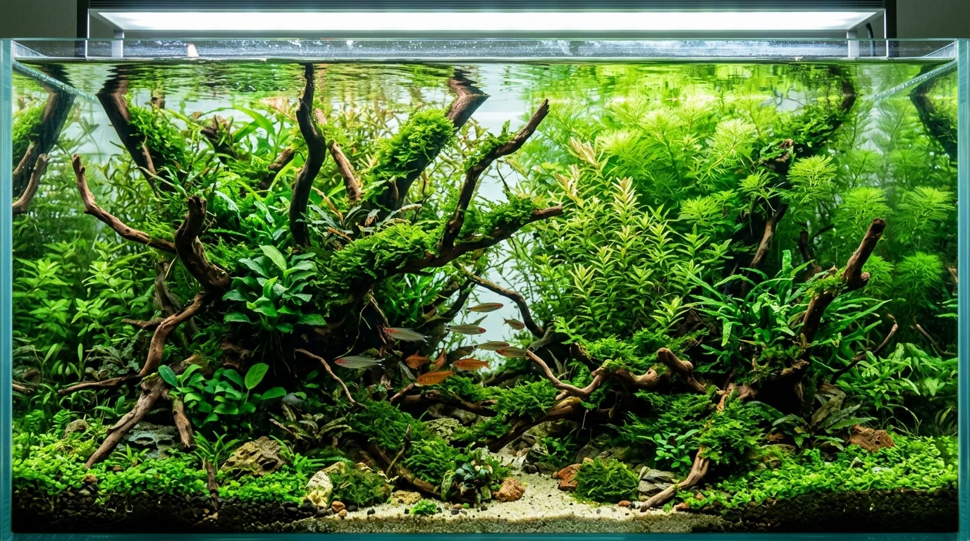 A nature-inspired aquascape aquarium resembling an underwater forest, dense plants, driftwood structures, natural green tones, bright overhead lighting, artistic composition, close-up shot, no people