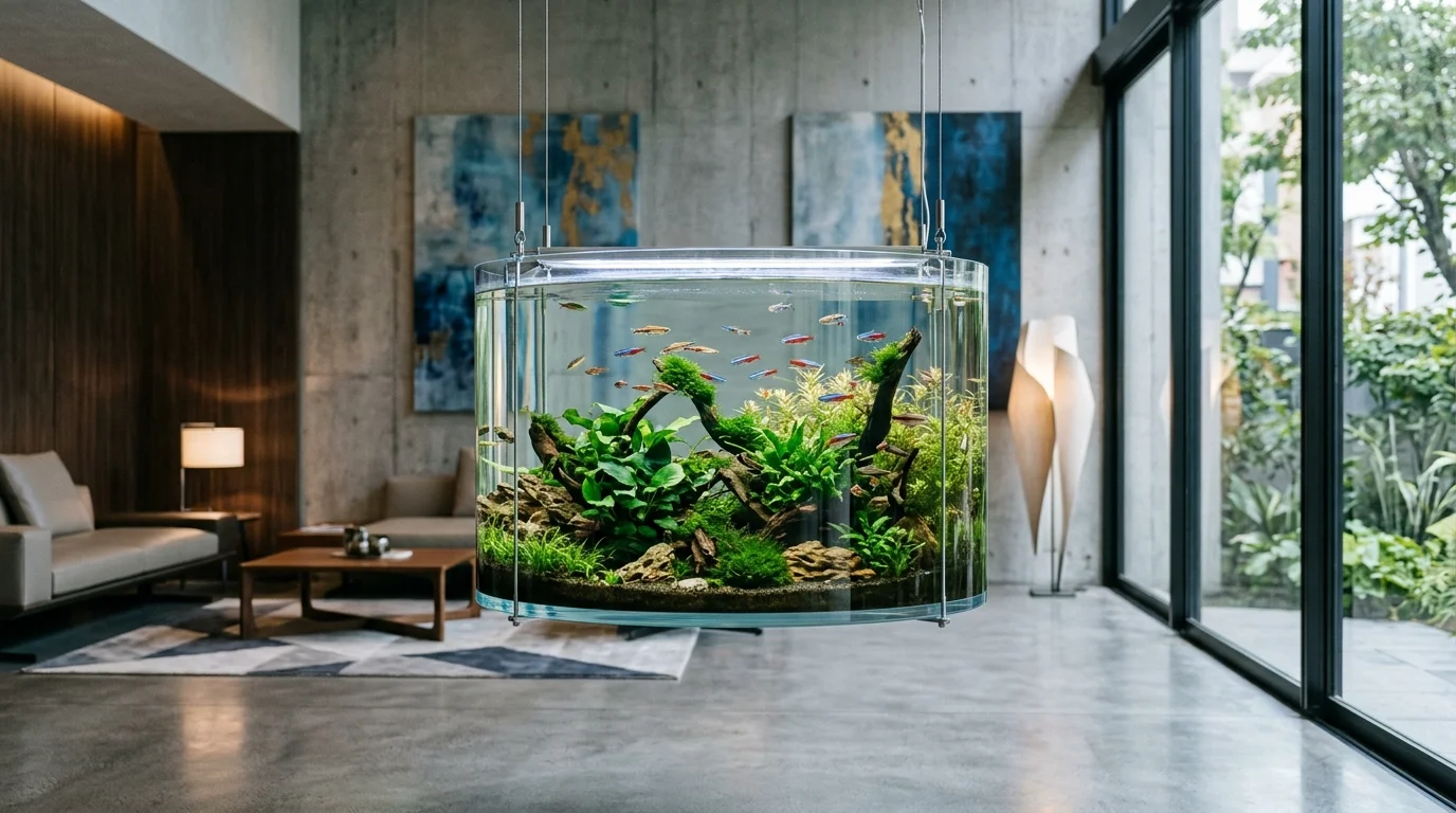 A hanging suspended aquarium with transparent sides, minimal support structure, floating effect, colorful fish, modern artistic interior, soft spotlighting, eye-level view, no people