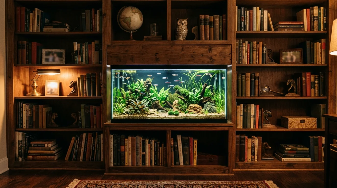 A built-in bookshelf aquarium surrounded by books and decor, small fish swimming among plants, warm ambient lighting, cozy study environment, front-facing angle, no people