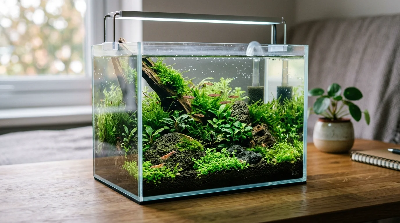 A nano aquarium on a desk with detailed aquascaping, tiny fish, moss and stones, soft natural window light, intimate close-up composition, clean background, no people